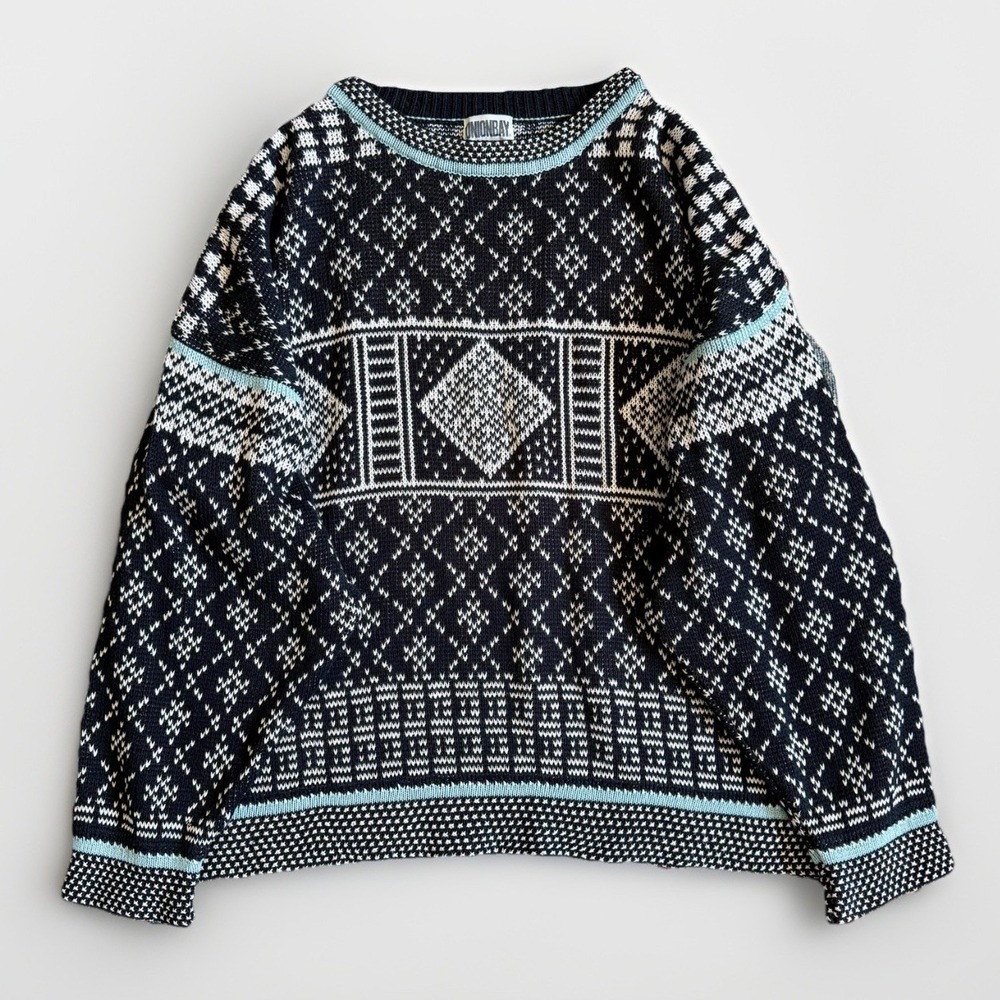 UNIONBAY Vintage 90s Nordic Fair Isle Knit Sweater Mens L Black Geo Grunge Cabin